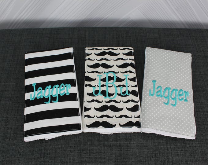 Monogrammed Burp Cloths, Set of 3. Custom made for boy or girl.