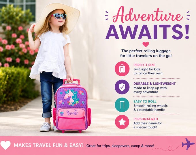 Children's Rolling Luggage: Carry-On Size, Embroidery Personalization