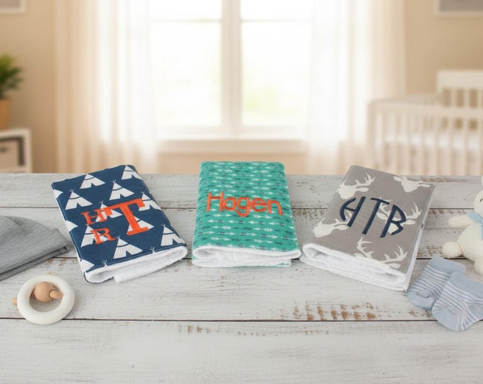 Monogrammed Burp Cloths, Set of 3, Custom made for boy or girl