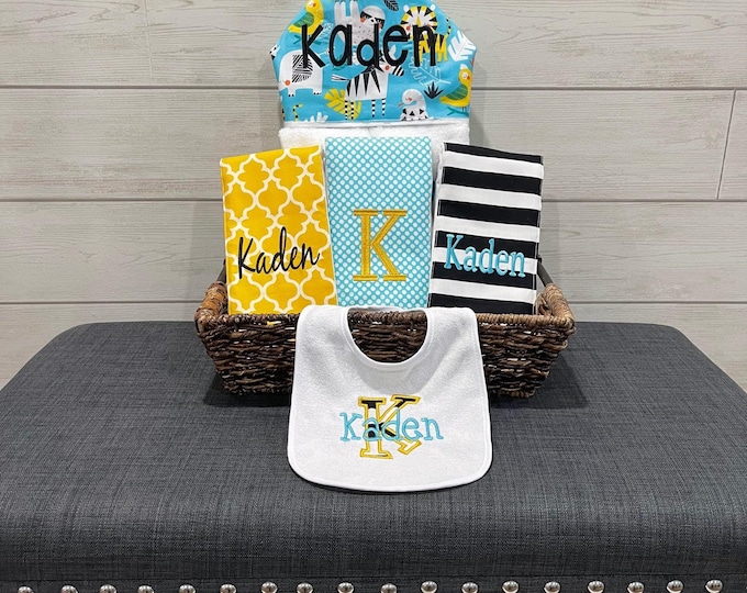 Monogrammed Baby Gift Basket – Hooded Towel, Burp Cloths & Bib