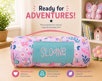 Personalized Kids Nap Mat: Attached Minky Blanket, Removable Pillow, Machine Washable, Daycare/Preschool Essential