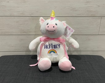 Squishy Stuffed Animal with Custom Embroidery Personalization Unicorn, Cat, Puppy, Hippo or Moose