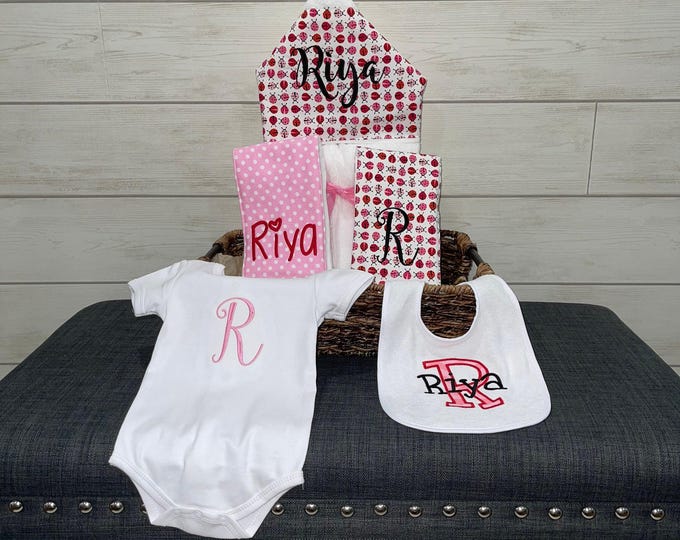 Monogrammed Baby Gift Basket – Hooded Towel, Burp Cloths, Bib, Onesie