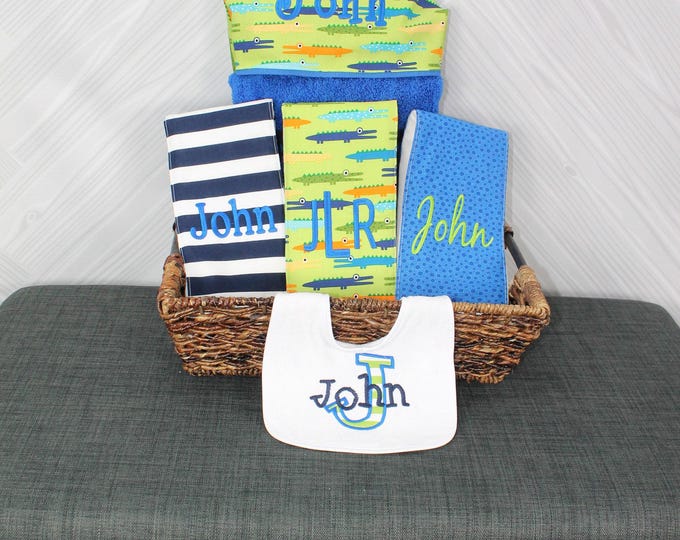 The Original Baby gift basket- Custom for boy or girl monogrammed hooded towel, burp cloths and bib. Perfect baby shower gift!