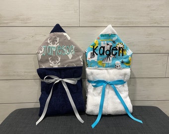 Set of 2 Monogrammed Hooded Baby or Kids Towels. Perfect for twins or siblings. Custom made to order for boy/boy, girl/girl or boy/girl.