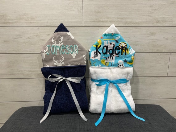 Set of 2 Monogrammed Hooded Baby or Kids Towels. Perfect for twins or siblings. Custom made to order for boy/boy, girl/girl or boy/girl.