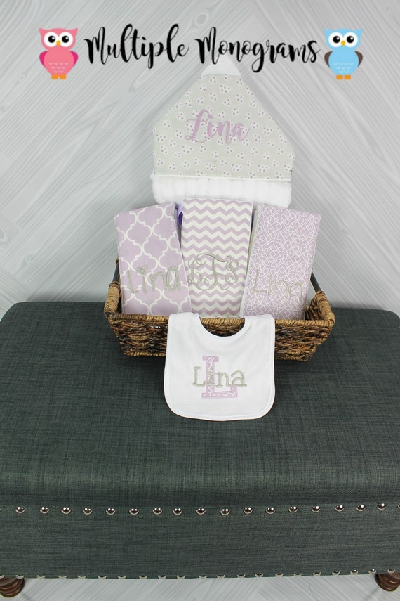 The Original Baby gift basket- Custom for boy or girl monogrammed hooded towel, burp cloths and bib. Perfect baby shower gift!