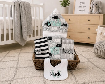 The Original Baby gift basket- Custom for boy or girl monogrammed hooded towel, burp cloths and bib. Perfect baby shower gift!