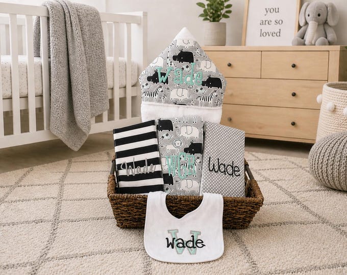 The Original Baby gift basket- Custom for boy or girl monogrammed hooded towel, burp cloths and bib. Perfect baby shower gift!