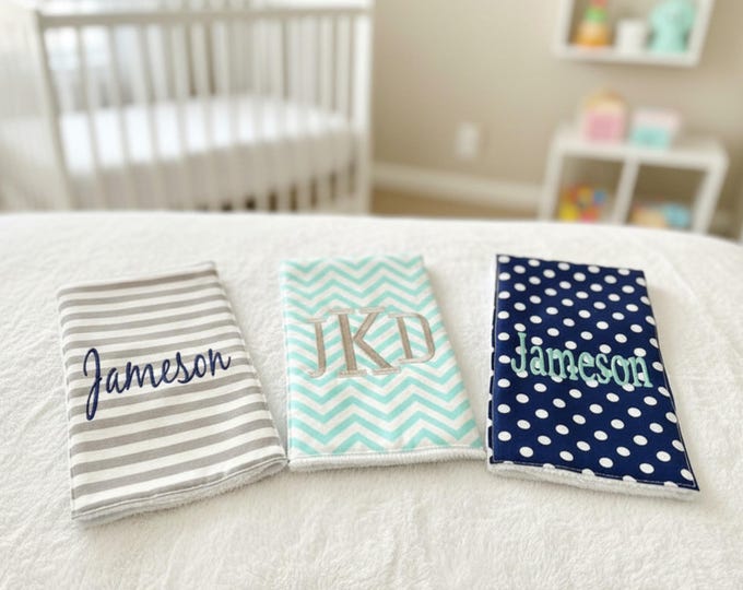 Monogrammed Burp Cloths, Set of 3. Custom made for boy or girl.