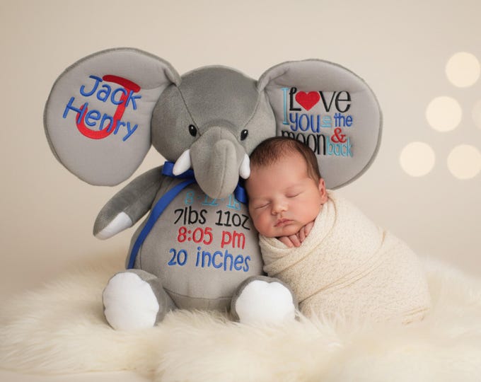 Personalized Embroidered Elephant Stuffed Animal: New Baby Keepsake