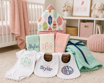 Monogrammed Baby Gift Basket, Personalized Hooded Towel, Burp Cloths, Bibs, Onesie & Quilt