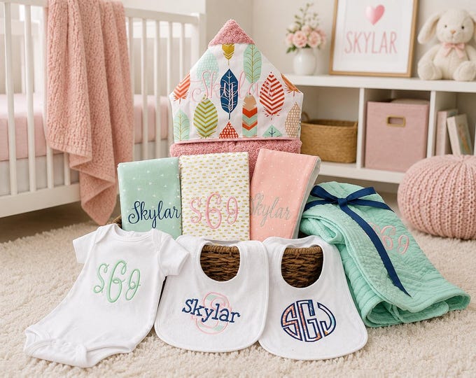 Monogrammed Baby Gift Basket, Personalized Hooded Towel, Burp Cloths, Bibs, Onesie & Quilt