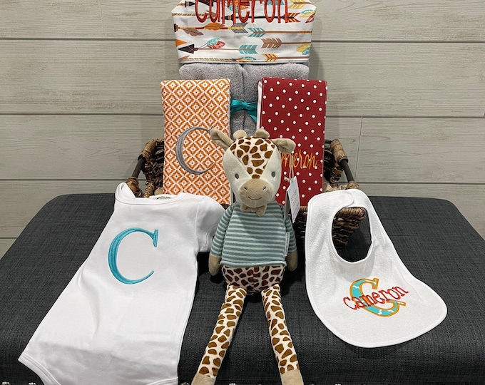 All That and a Plush Baby gift basket- Custom for boy or girl monogrammed hooded towel, burp cloths, bib, onesie and 16" plush animal
