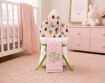 Just a Little Bit Baby gift basket- Custom for boy or girl monogrammed hooded towel and burp cloth. Perfect baby shower gift!