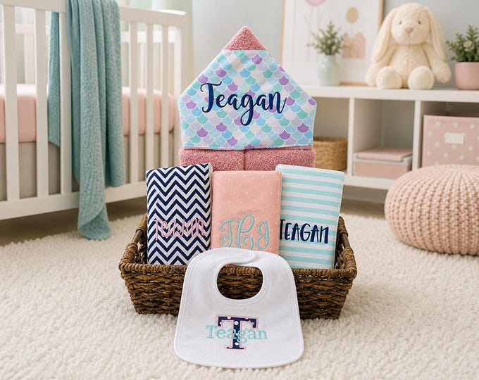 Monogrammed Baby Gift Basket – Hooded Towel, Burp Cloths & Bib Set