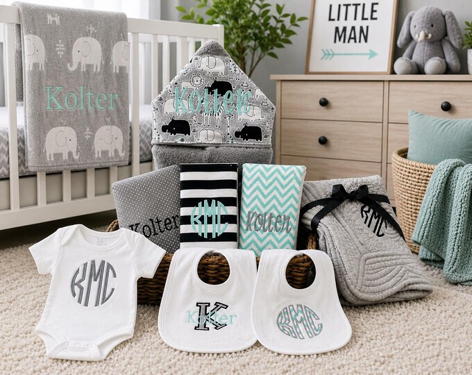 Monogrammed Baby Gift Basket, Personalized Hooded Towel, Burp Cloths, Bibs, Onesie & Quilt