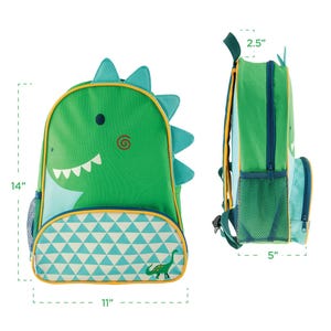 a green dinosaur backpack with a pattern of triangles on the front. The backpack is shown in two different views, with measurements provided for its dimensions.
