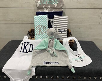 Monogrammed Baby Gift Basket – Hooded Towel, Burp Cloths, Bib, Onesie & Lovie