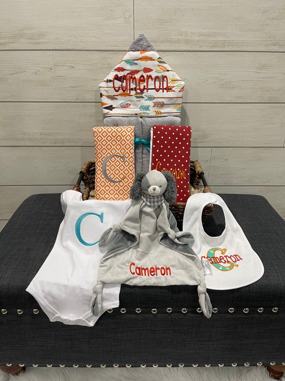 A Taste of the Favorites Baby gift basket- Custom for boy or girl monogrammed hooded towel, burp cloths, bib and onesie