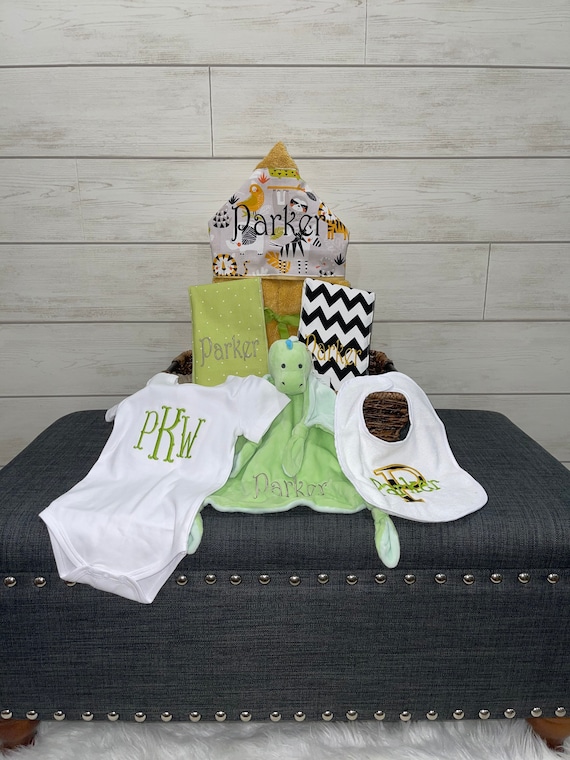 A Taste of the Favorites Baby gift basket- Custom for boy or girl monogrammed hooded towel, burp cloths, bib and onesie