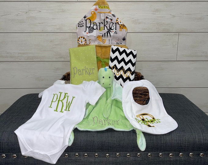 A Taste of the Favorites Baby gift basket- Custom for boy or girl monogrammed hooded towel, burp cloths, bib and onesie