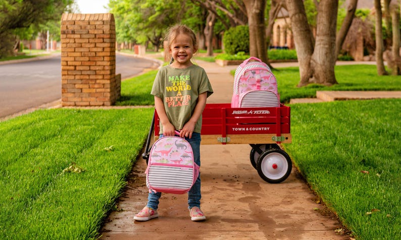 May include: A young person stands on a sidewalk, holding a pink dinosaur-themed backpack. A red Radio Flyer wagon with a matching backpack sits nearby. The person wears a green t-shirt with the text "Make the World a Better Place."