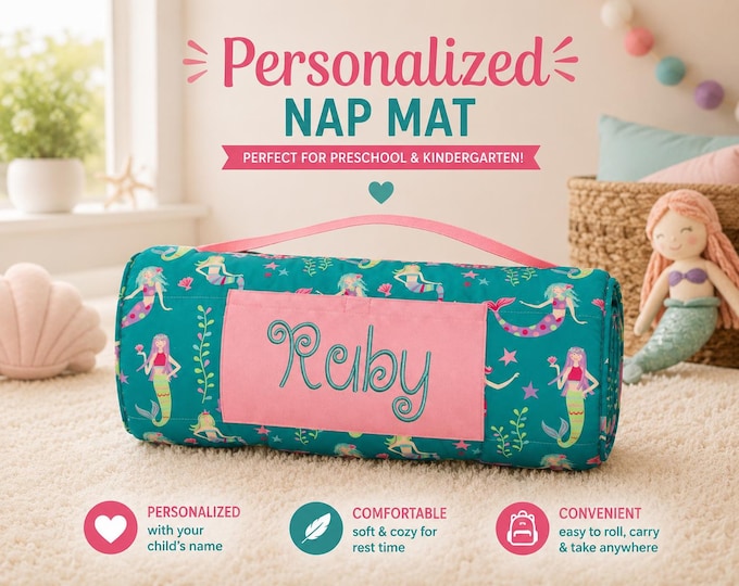Personalized Kids Nap Mat: Attached Minky Blanket, Removable Pillow, Machine Washable, Daycare/Preschool Essential