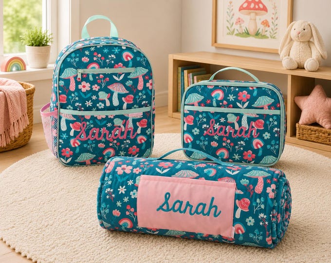 All Over Print Nap Mat, Junior Backpack and Lunchbox Set with Embroidery Personalization