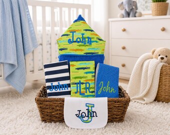 The Original Baby gift basket- Custom for boy or girl monogrammed hooded towel, burp cloths and bib. Perfect baby shower gift!