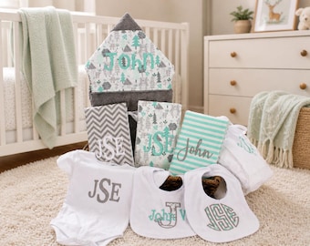 Monogrammed Baby Gift Basket, Personalized Hooded Towel, Burp Cloths, Bibs, Onesie & Quilt