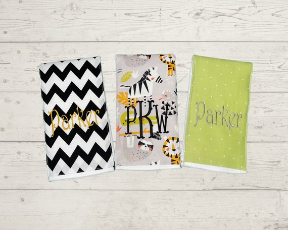 Monogrammed Burp Cloths, Set of 3. Custom made for boy or girl.