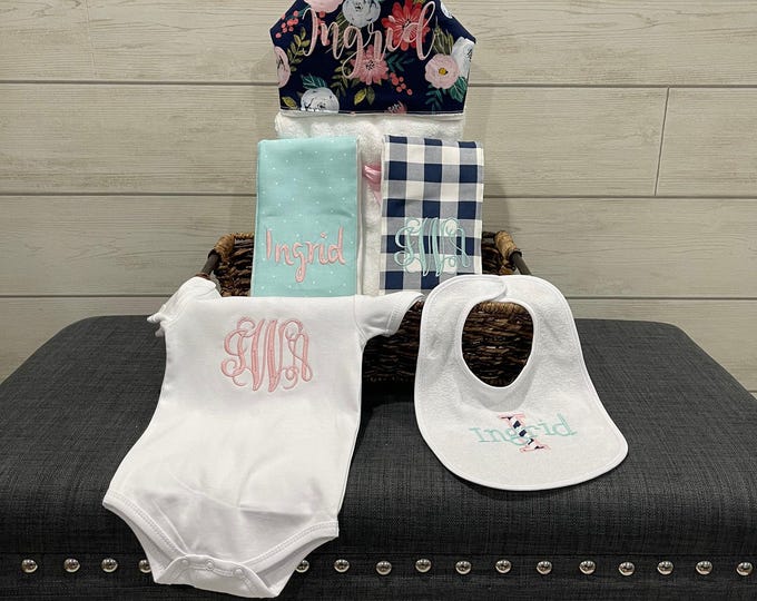 The Must Haves Baby gift basket- Custom for boy or girl monogrammed hooded towel, burp cloths, bib and onesie. Perfect baby shower gift!