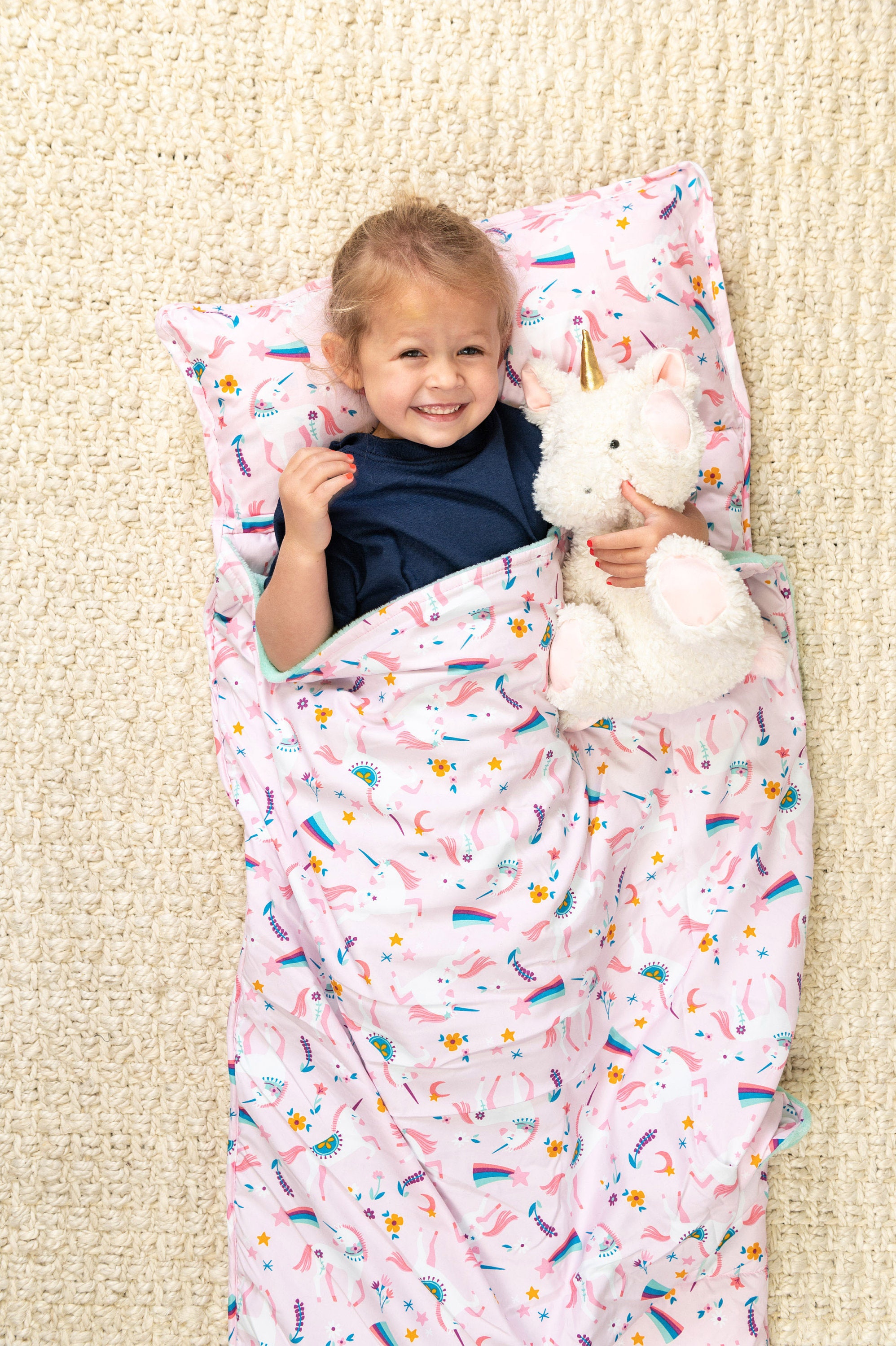 Children's Nap Mat with attached pillow and blanket. Perfect for