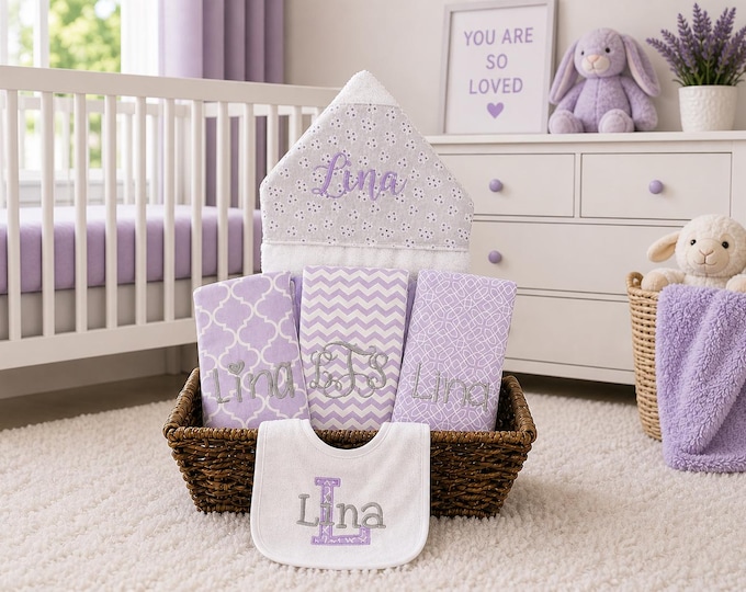 Monogrammed Baby Gift Basket – Personalized Hooded Towel, Burp Cloths & Bib