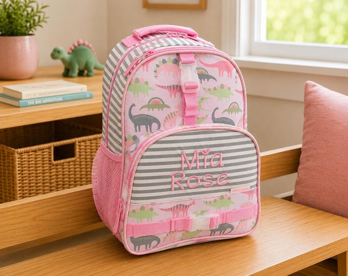 Embroidered Kids Backpack: Personalized Dinosaur Print School Bag