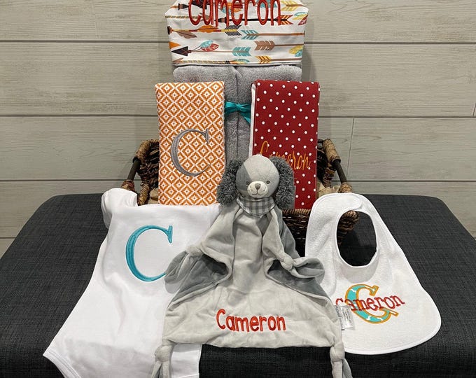Monogrammed Baby Gift Basket – Personalized Hooded Towel & Essentials