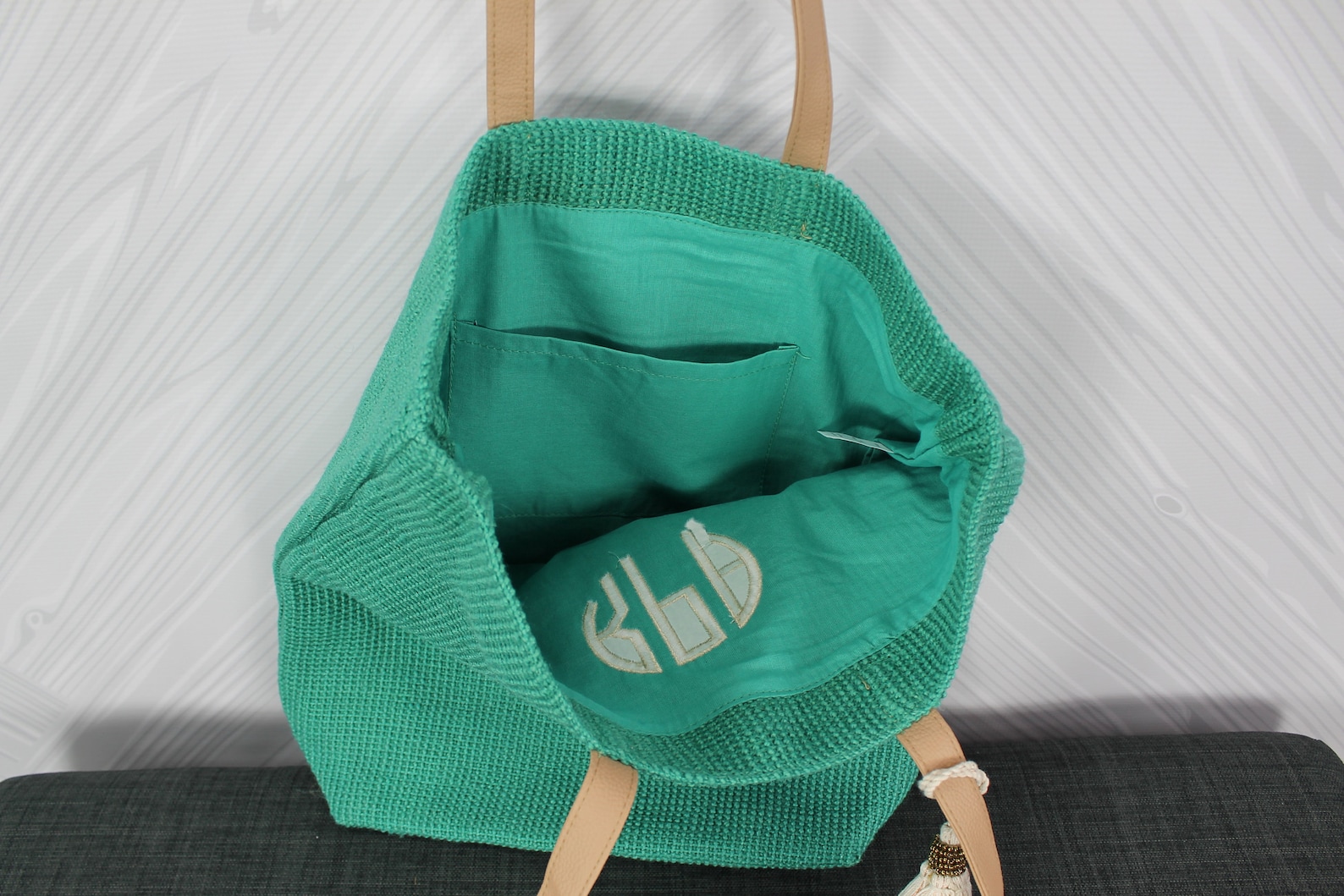 Monogrammed Teal Straw Jute Tote Bag With Tassel Etsy
