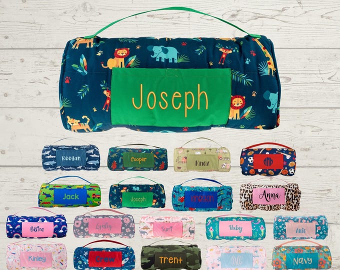 Personalized Kids Nap Mat: Attached Minky Blanket, Removable Pillow, Machine Washable, Daycare/Preschool Essential