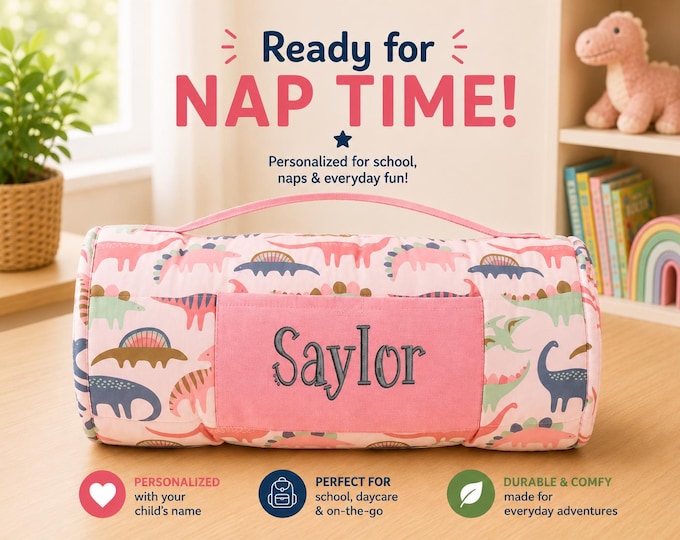 Personalized Kids Nap Mat: Attached Minky Blanket, Removable Pillow, Machine Washable, Daycare/Preschool Essential