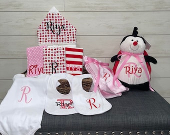 Monogrammed Baby Gift Basket, Personalized Hooded Towel, Burp Cloths, Bibs, Onesie, Quilt & Stuffed Animal