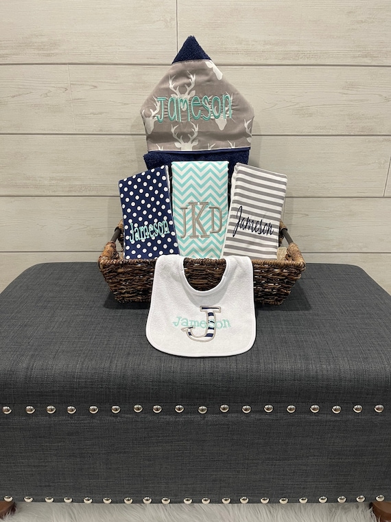 The Original Baby gift basket- Custom for boy or girl monogrammed hooded towel, burp cloths and bib. Perfect baby shower gift!