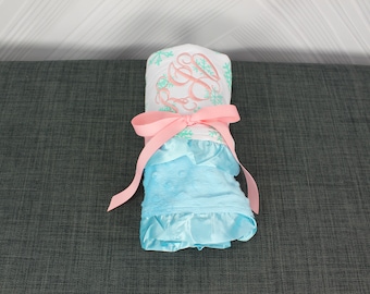 Monogrammed Baby Ruffle Minky Blanket Light Pink and Lime Chevron