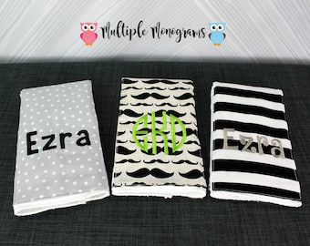 Monogrammed Burp Cloths, Set of 3. Custom made for boy or girl.