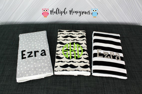 Monogrammed Burp Cloths, Set of 3. Custom made for boy or girl.