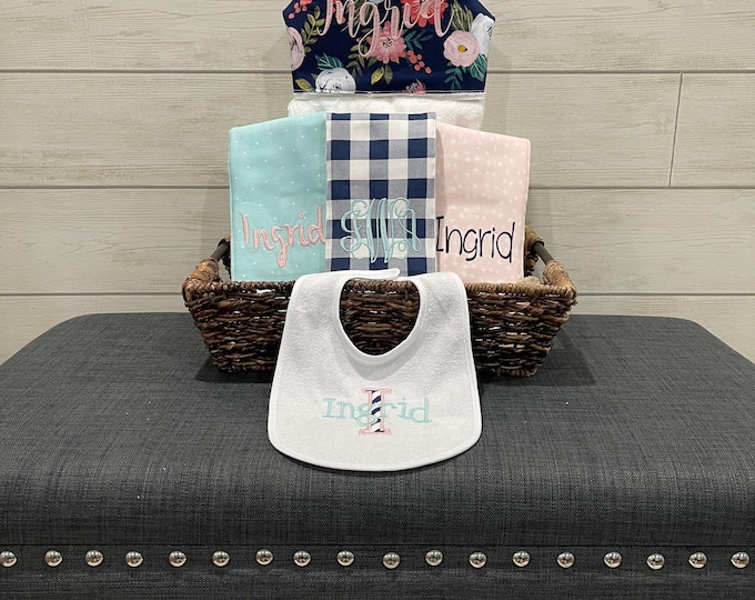 Monogrammed Baby Gift Basket – Hooded Towel, Burp Cloths & Bib