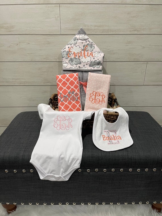 The Must Haves Baby gift basket- Custom for boy or girl monogrammed hooded towel, burp cloths, bib and onesie