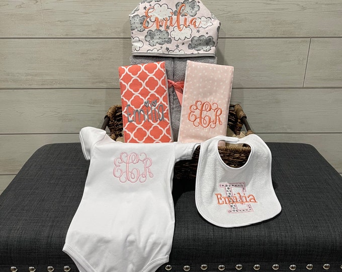 The Must Haves Baby gift basket- Custom for boy or girl monogrammed hooded towel, burp cloths, bib and onesie