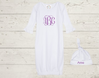 Embroidery Monogrammed Infant Baby Girl Gown with side zipper and Optional Hat