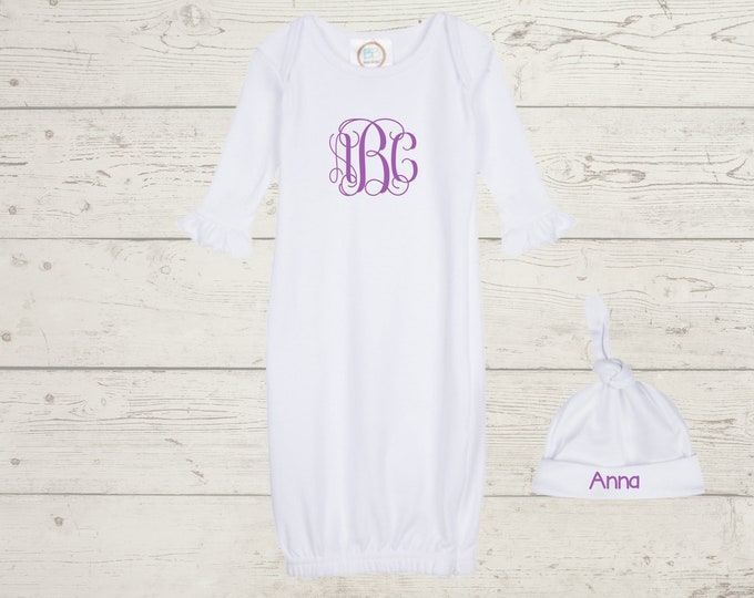 Embroidery Monogrammed Infant Baby Girl Gown with side zipper and Optional Hat
